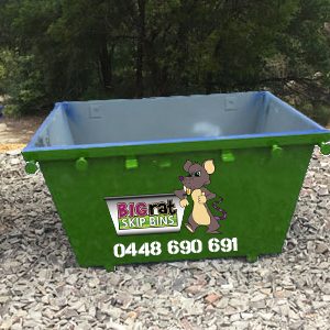 2 metre cube Skip Bin with Big Rat logo and phone number