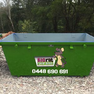 3 metre cube Skip Bin with Big Rat logo and phone number